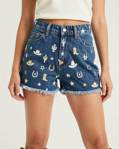 Cowgirl Toss Cool Denim Shorts – Front View – Jessie – Navy / Pink / Cream