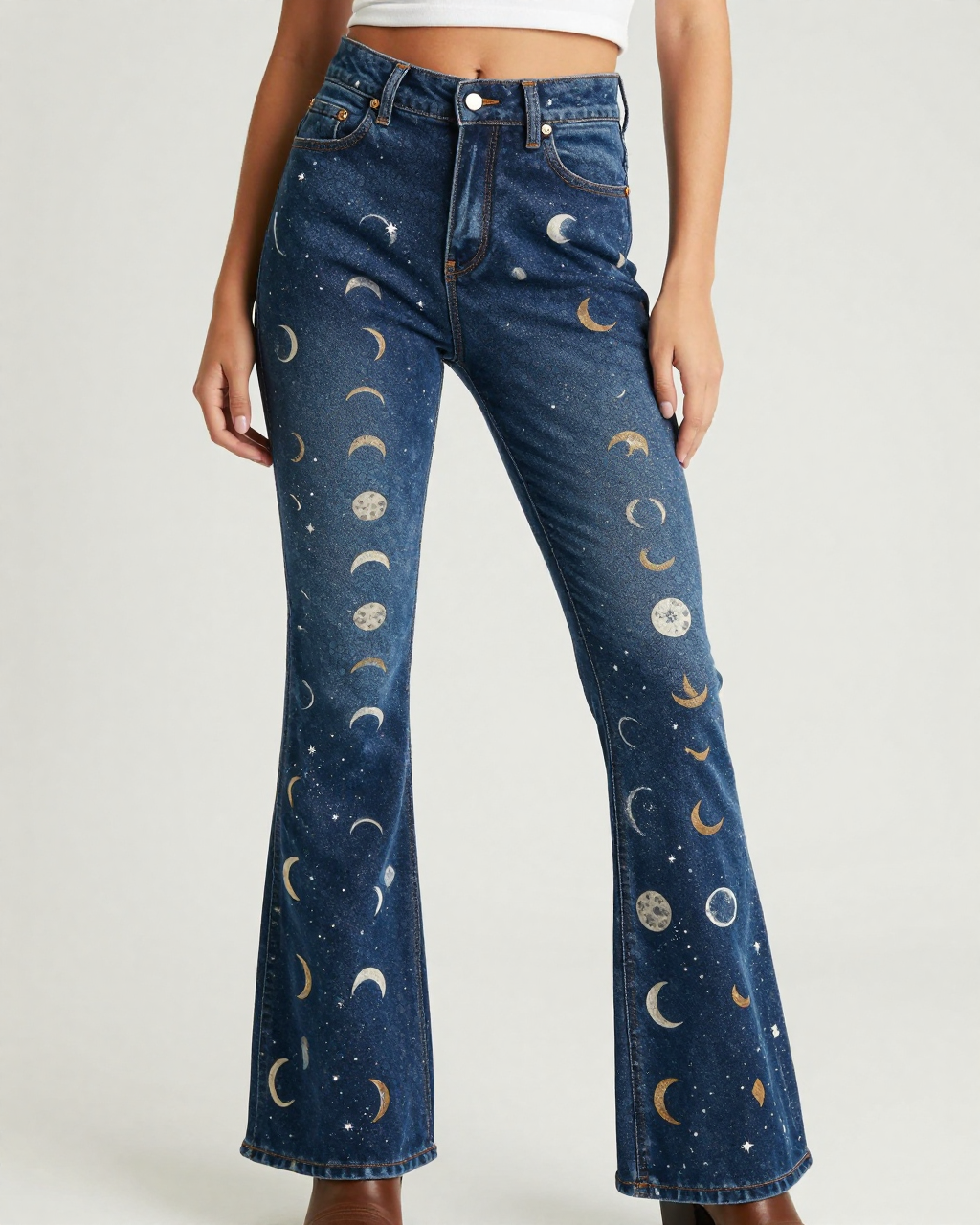 Moon Phase Horseshoe Bootcut Jeans – Front View – Riley – Navy / White