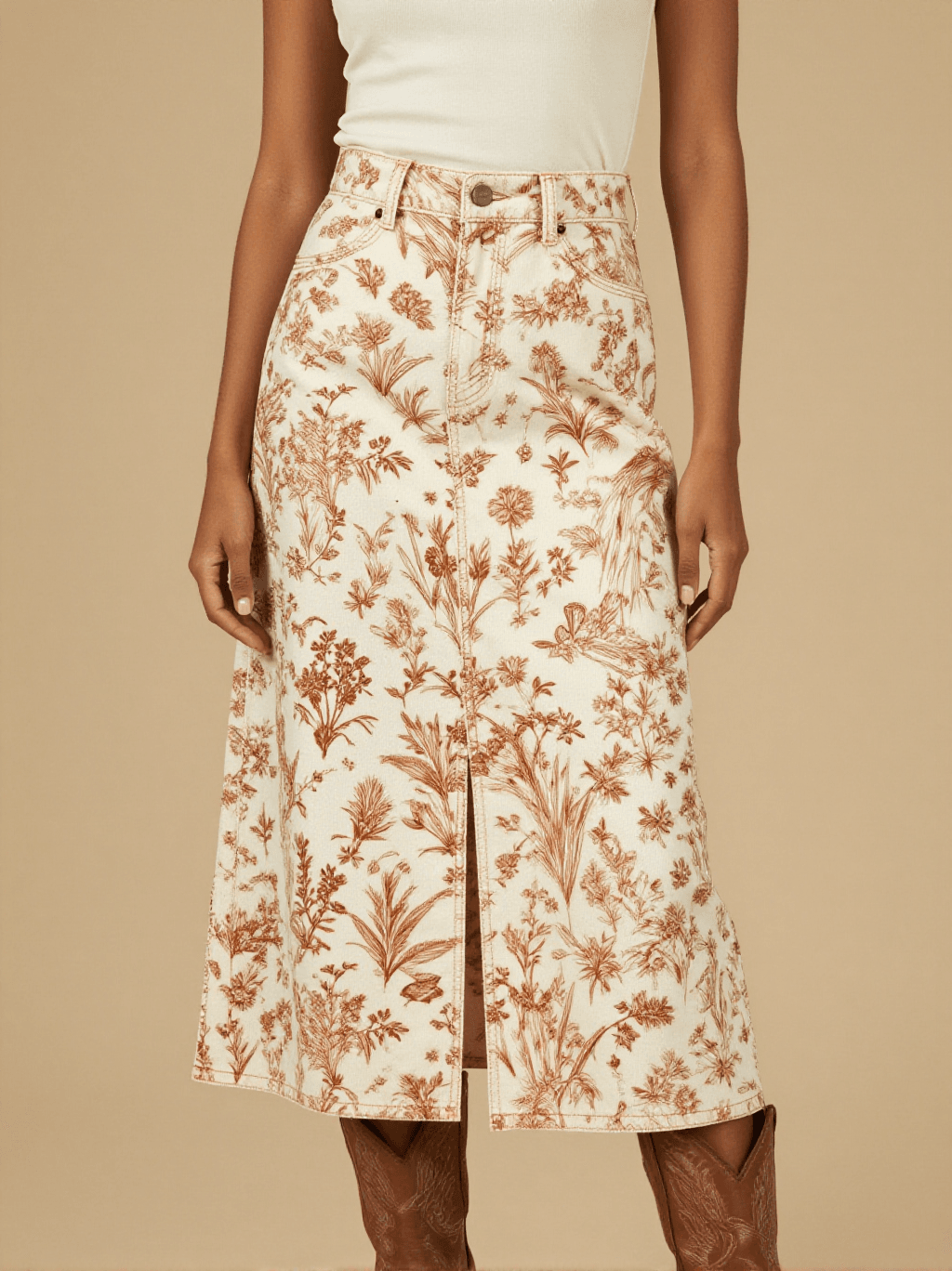 Sunrise Ranch Soft Western Denim Midi Skirt – Front View – Jessie – Trail Bone Ecru / Tobacco Brown