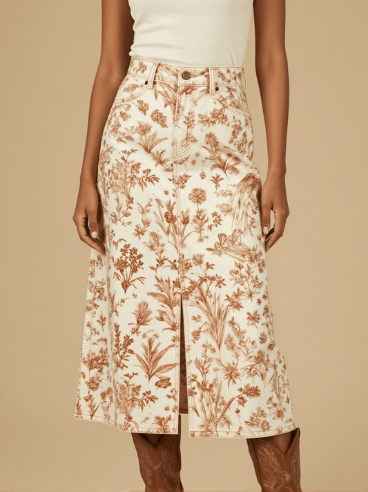 Sunrise Ranch Soft Western Denim Midi Skirt – Front View – Jessie – Trail Bone Ecru / Tobacco Brown