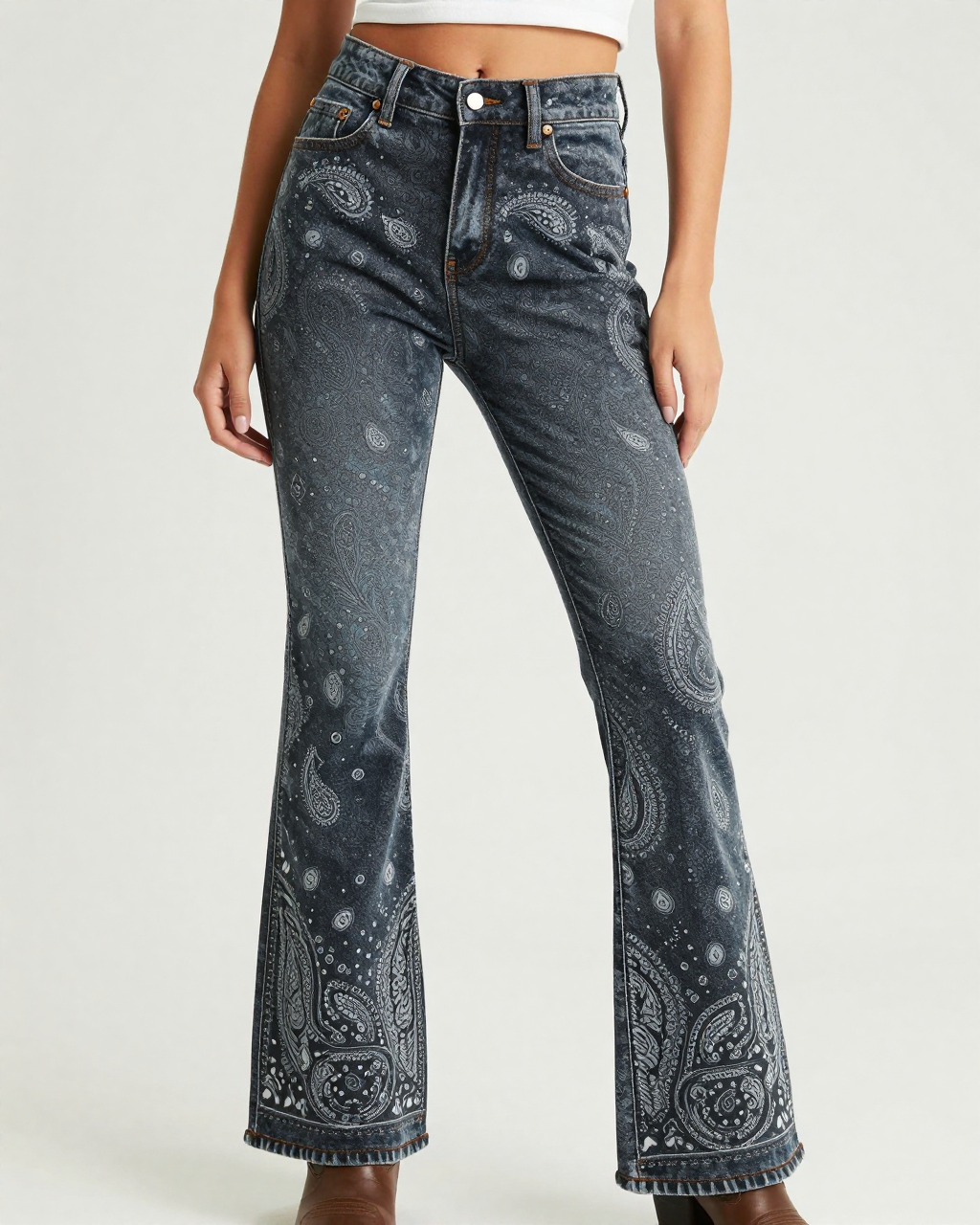 Charcoal Bandana Bootcut Jeans – Front View – Riley – Charcoal / Silver