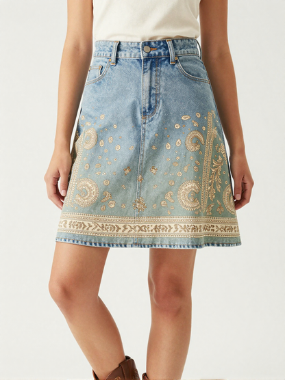 Sage Boho Bandana Denim Mini Skirt – Front View – Jessie – Sage / Cream