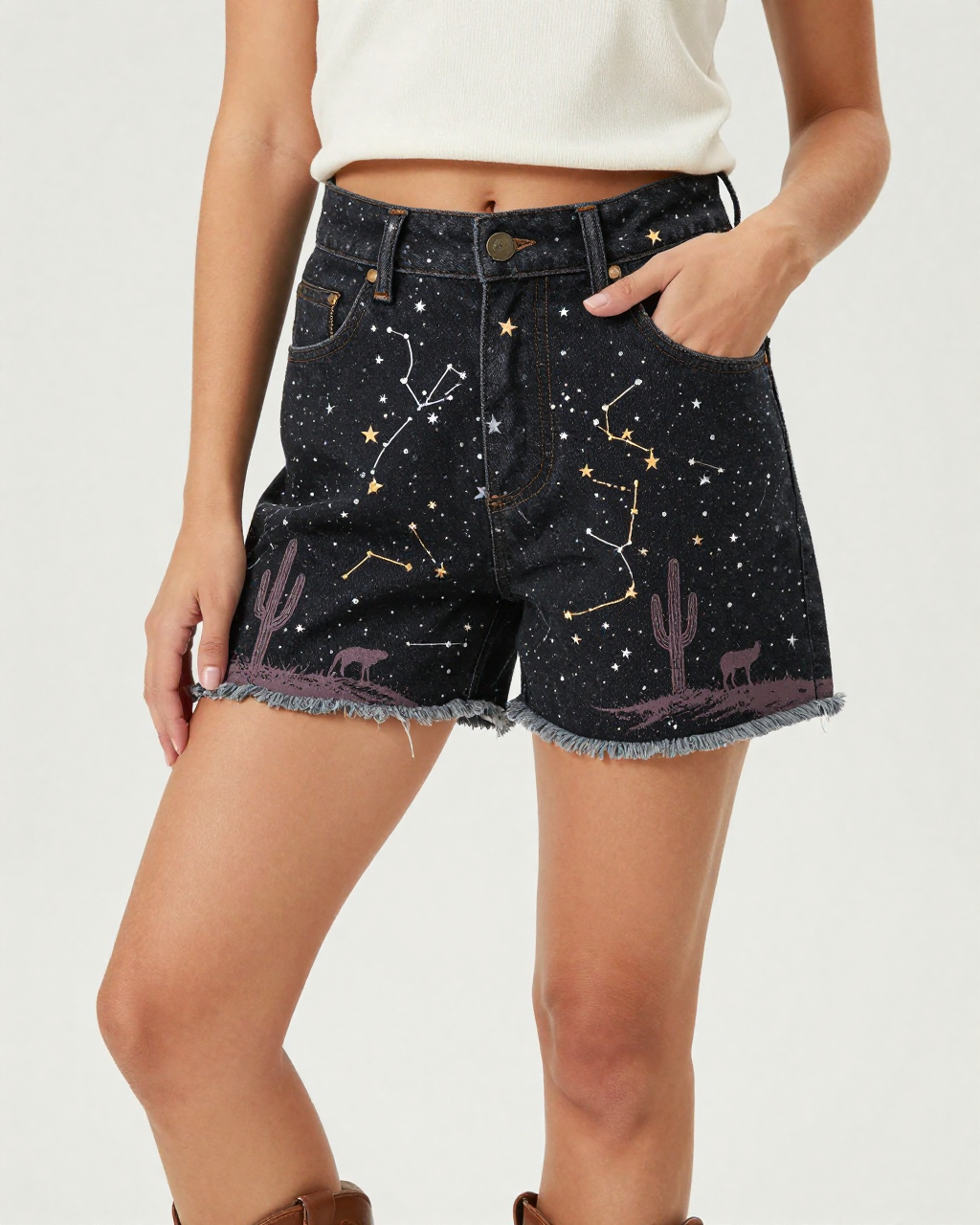 Desert Constellation Denim Shorts – Front View – Riley – Black / Cream
