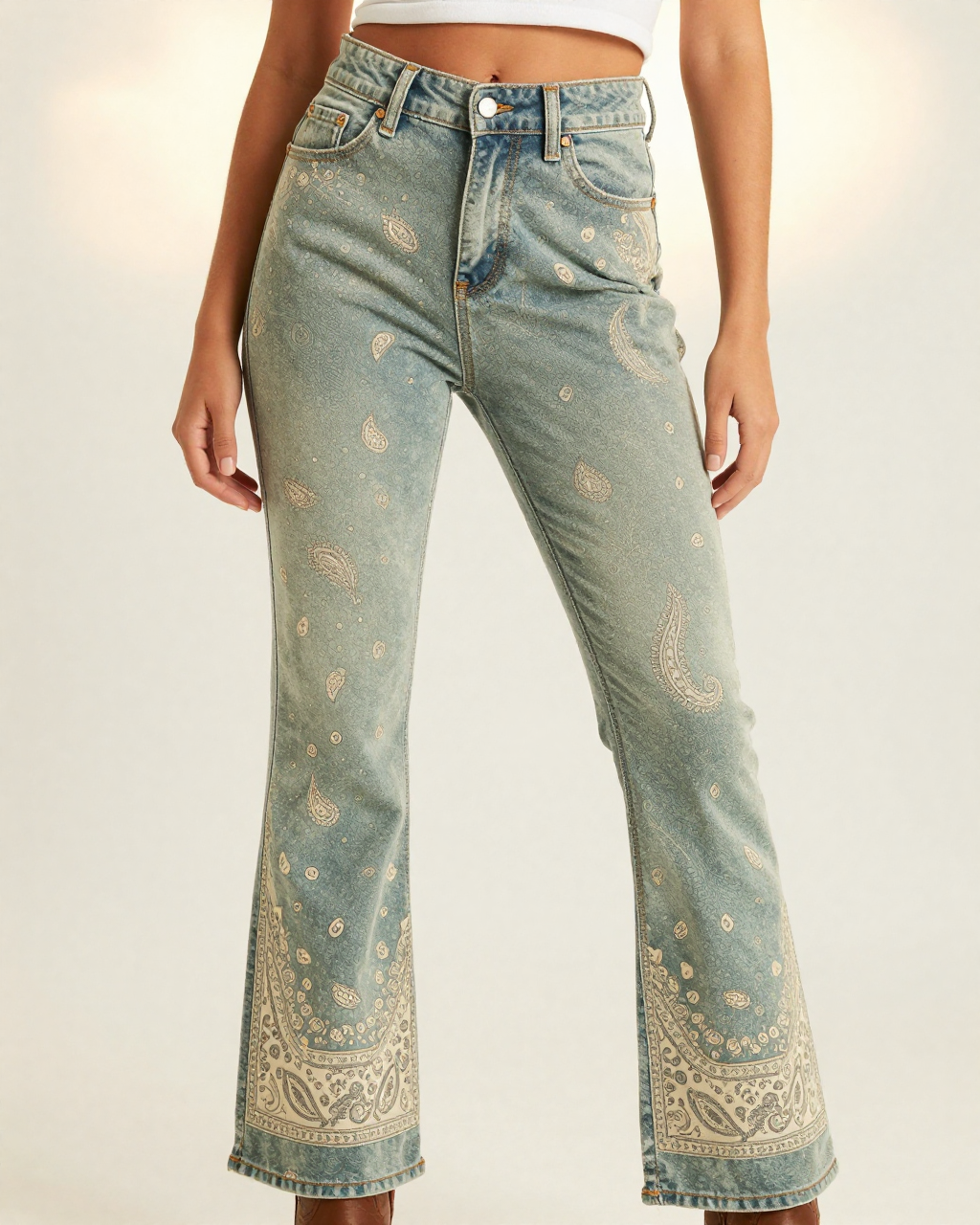 Sage Boho Bandana Bootcut Jeans – Front View – Riley – Sage / Cream