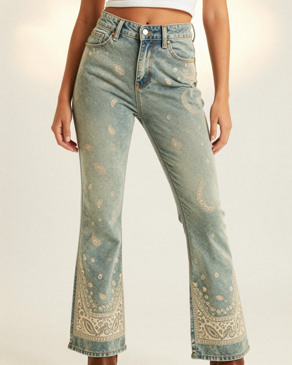 Sage Boho Bandana Bootcut Jeans – Front View – Riley – Sage / Cream