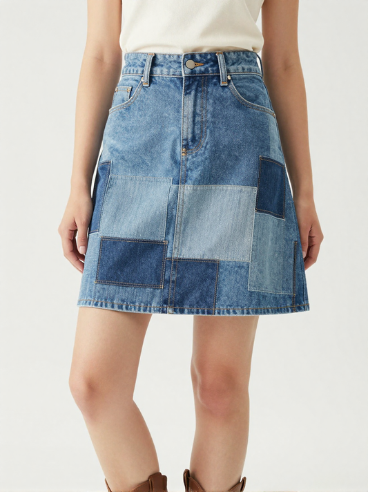 Denim Patchwork Denim Mini Skirt – Front View – Jessie – Multi Blue / Light Wash