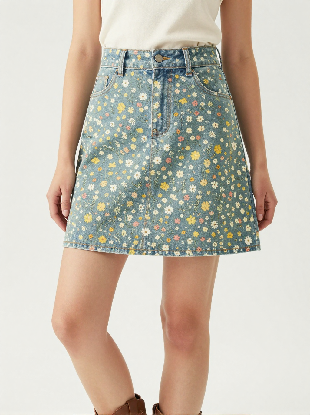Wildflower Scatter Denim Mini Skirt – Front View – Jessie – Multi / Sage