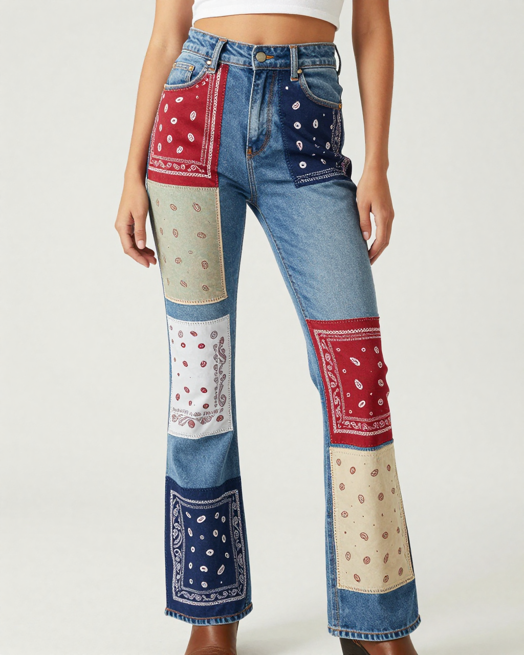 Paisley Patchwork Bootcut Jeans – Front View – Riley – Multi / Patchwork