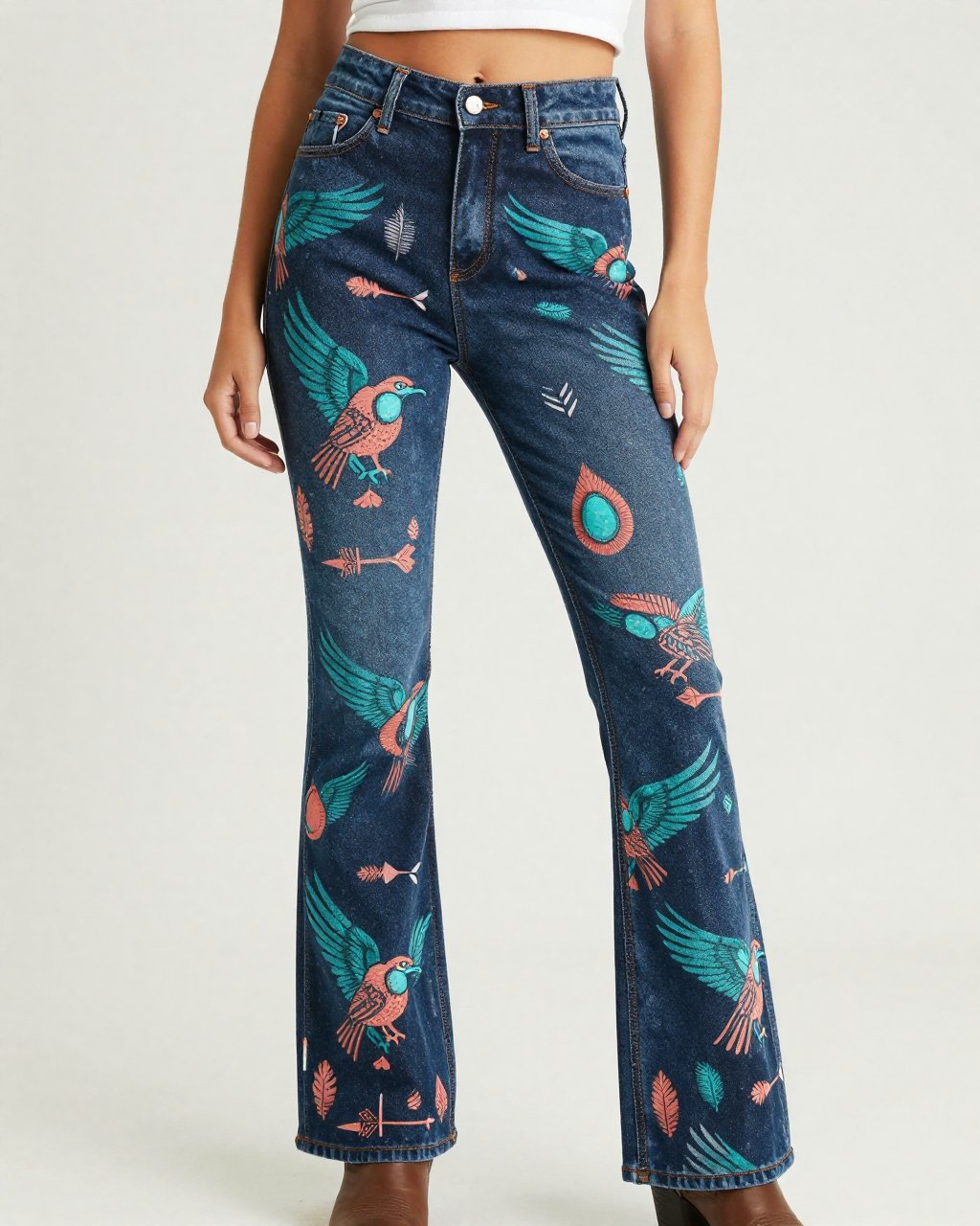 Thunderbird Teal Bootcut Jeans – Front View – Riley – Black / Cream