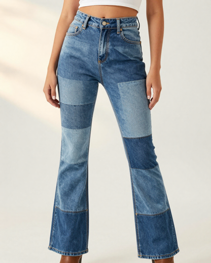 Denim Patchwork Bootcut Jeans – Front View – Riley – Multi Blue / Light Wash