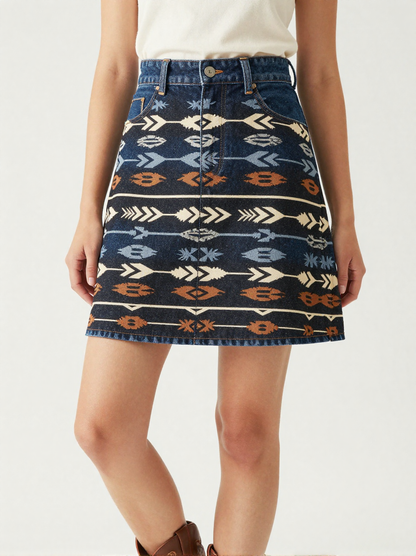 Arrow Path Denim Mini Skirt – Front View – Jessie – Cream / Sienna / Black