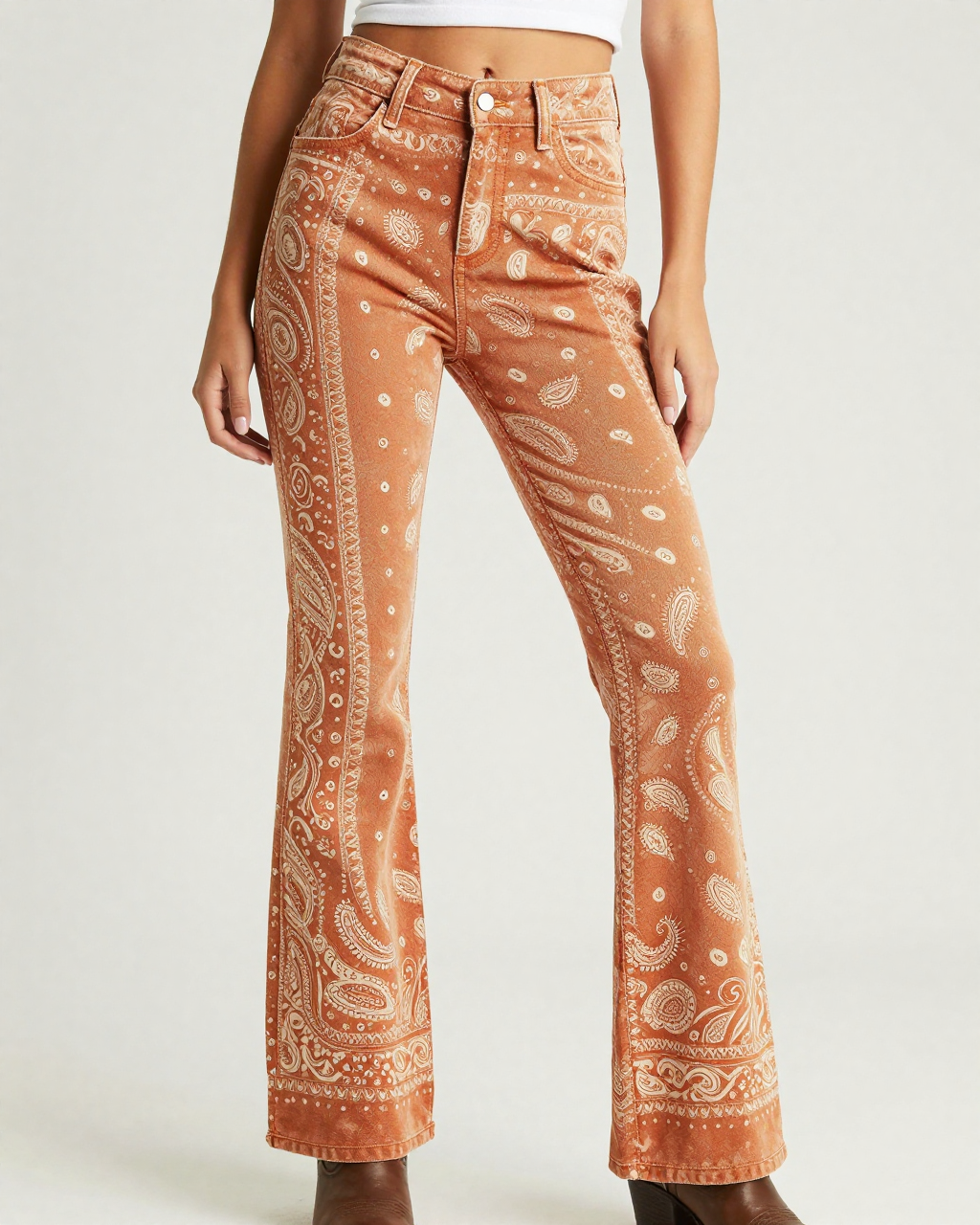 Burnt Orange Bandana Bootcut Jeans – Front View – Riley – Burnt Orange / Ivory