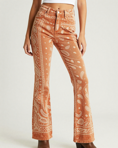 Burnt Orange Bandana Bootcut Jeans – Front View – Riley – Burnt Orange / Ivory