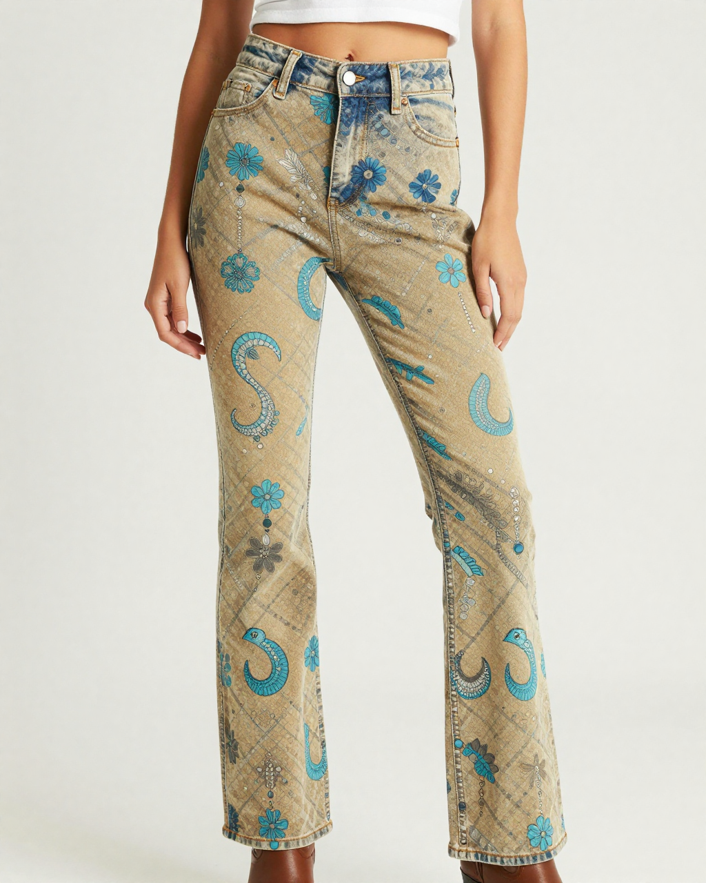 Squash Blossom Bootcut Jeans – Front View – Riley – Tan / Brown