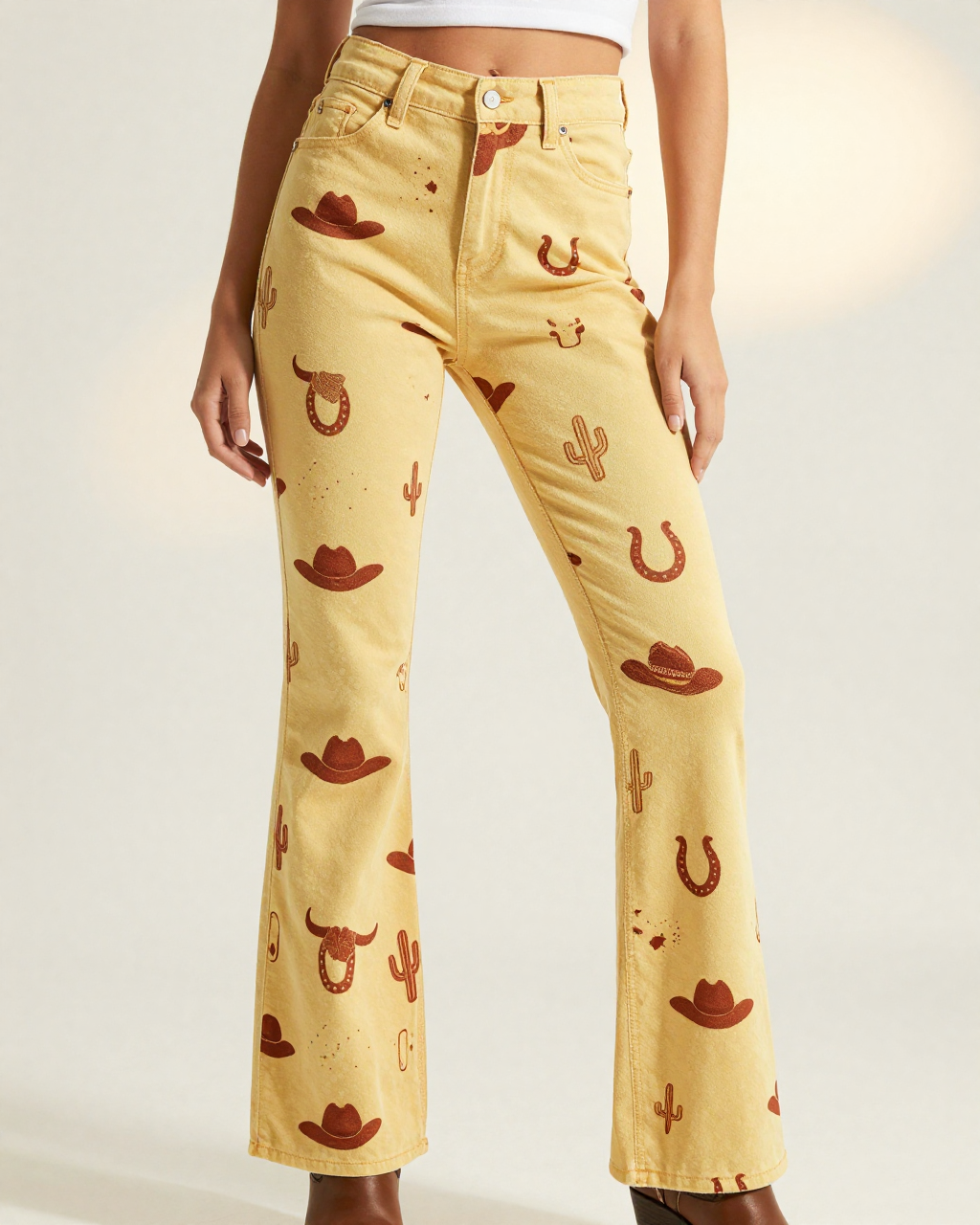 Sunshine Rodeo Bootcut Jeans – Front View – Riley – Gold / Brown / Cream