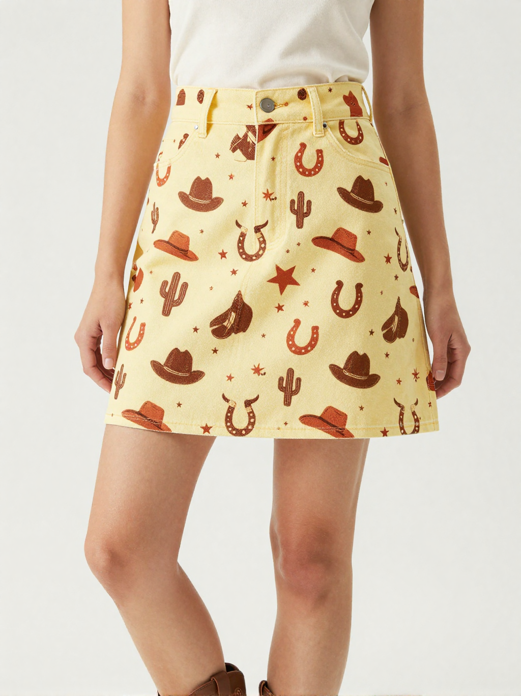 Sunshine Rodeo Denim Mini Skirt – Front View – Jessie – Gold / Brown / Cream