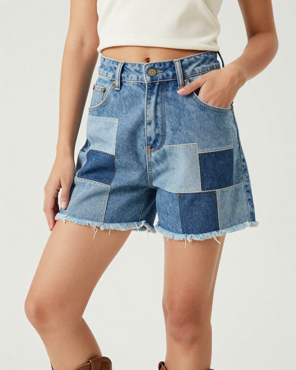 Denim Patchwork Denim Shorts – Front View – Jessie – Multi Blue / Light Wash