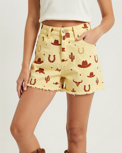 Sunshine Rodeo Denim Shorts – Front View – Jessie – Gold / Brown / Cream