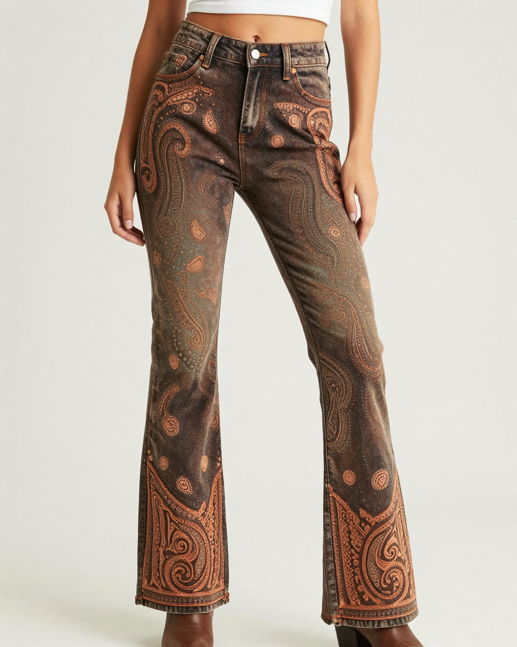 Western Paisley Medallion Bootcut Jeans – Front View – Riley – Brown / Tan