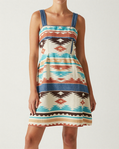 Chimayo Stripe Structured Mini Dress – Front View – Riley – Deep Red / Earth