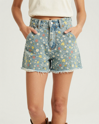 Wildflower Scatter Denim Shorts – Front View – Jessie – Multi / Sage