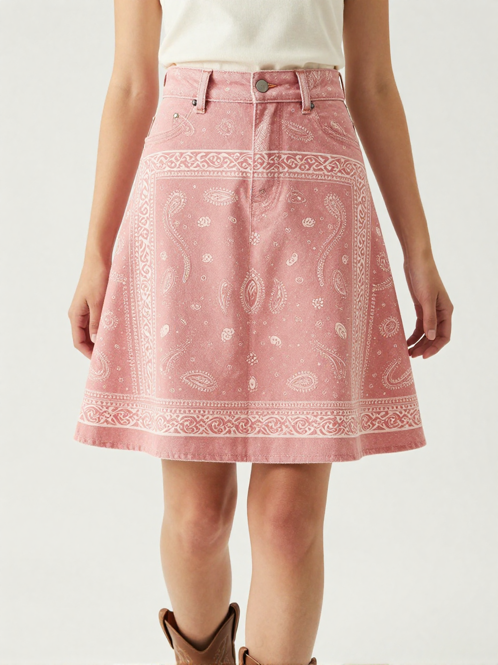 Dusty Pink Bandana Denim Mini Skirt – Front View – Jessie – Dusty Rose / White