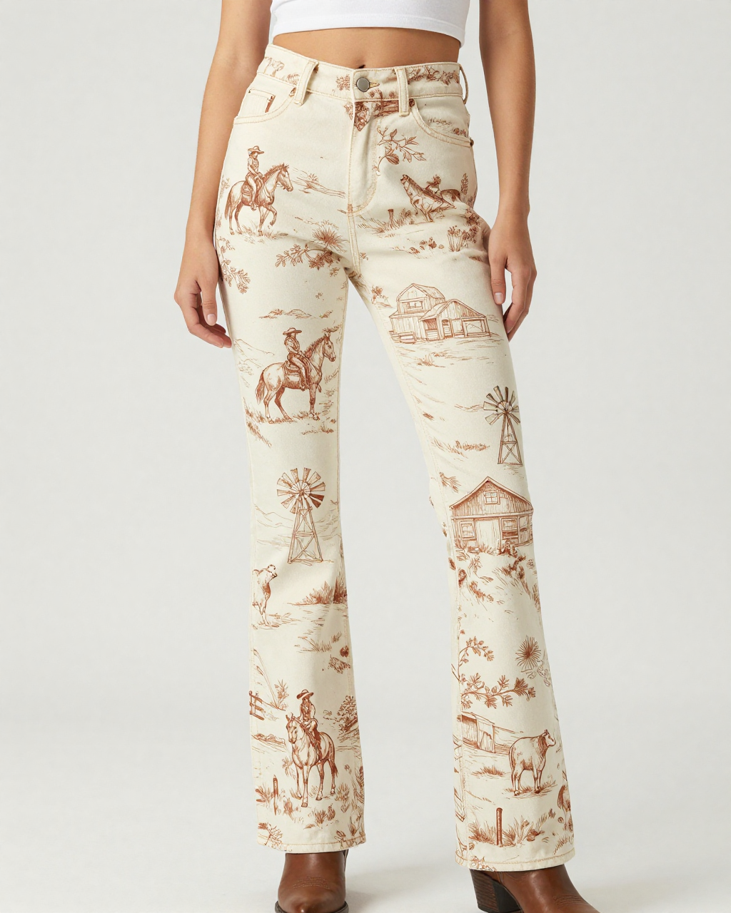 Ranch Life Toile Bootcut Jeans – Front View – Riley – Cream / Ivory