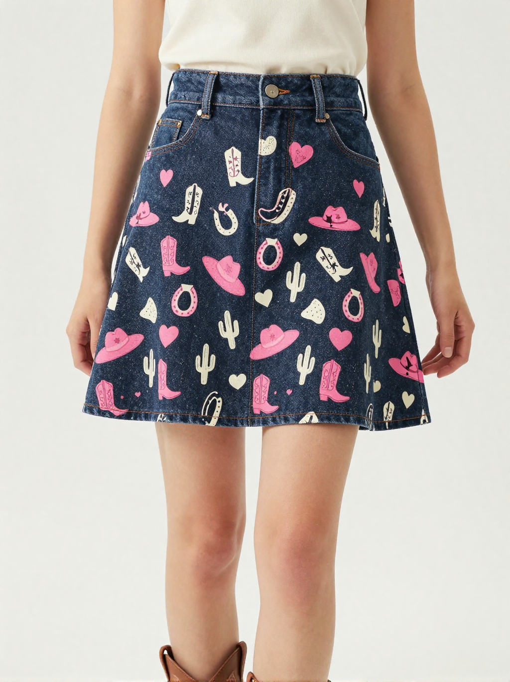 Rodeo Pink Denim Mini Skirt – Front View – Jessie – Pink / Coral / White