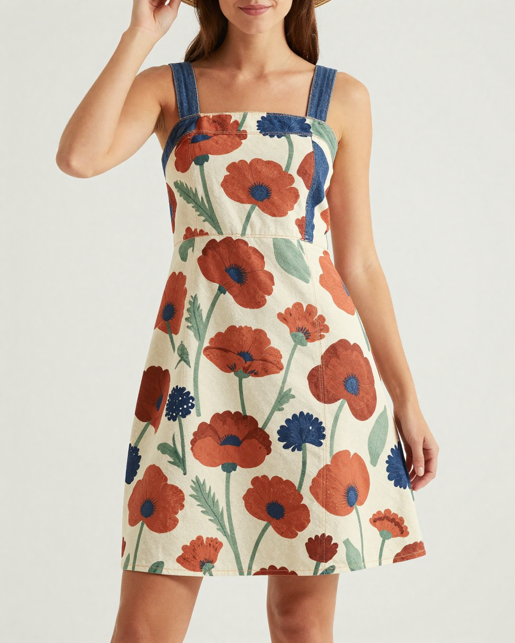 Prairie Poppy Structured Mini Dress – Front View – Riley – Navy / Burnt Orange