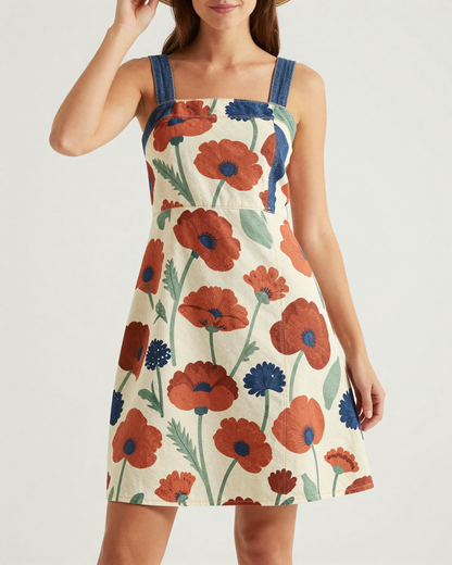 Prairie Poppy Structured Mini Dress – Front View – Riley – Navy / Burnt Orange