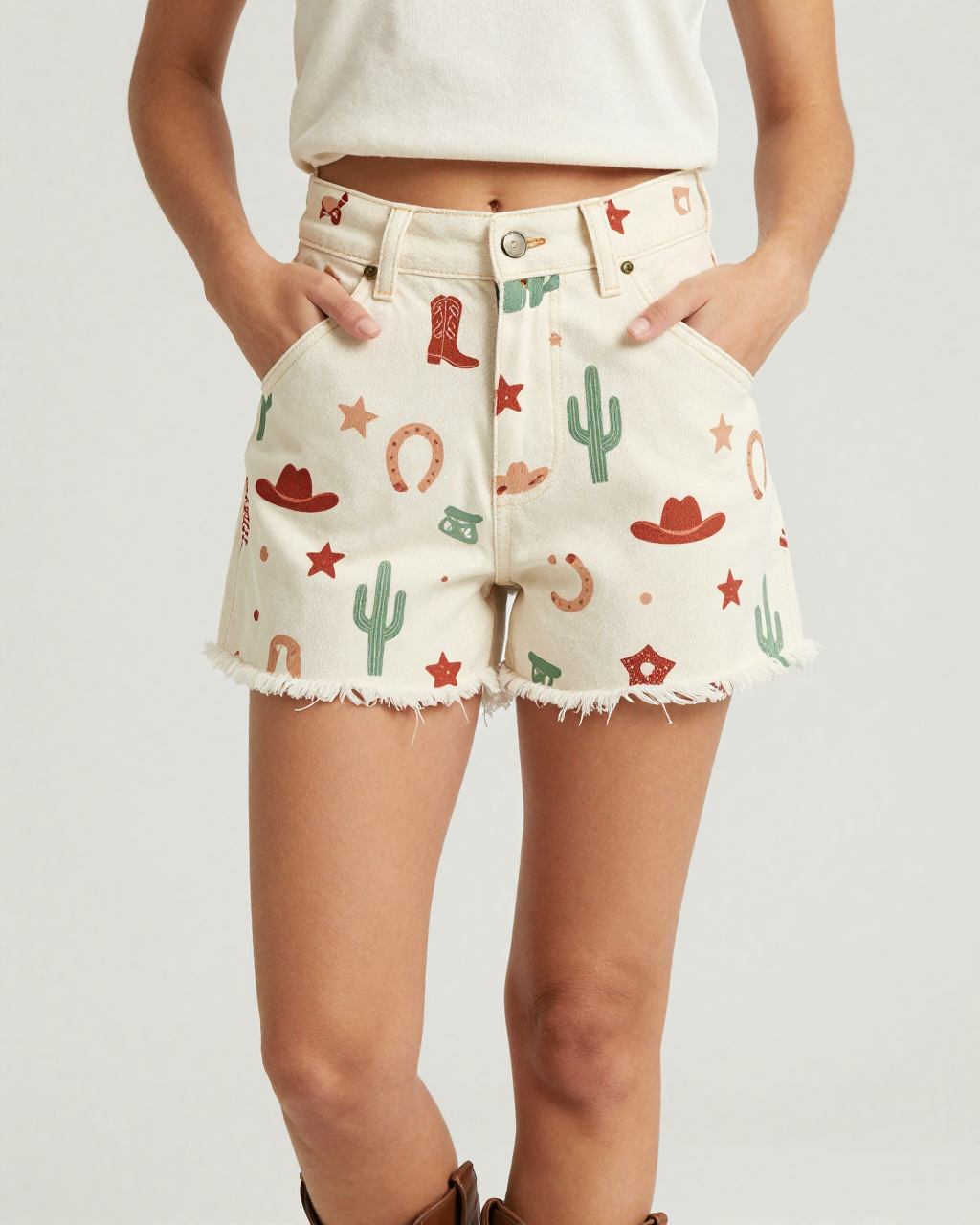 Cowgirl Toss Warm Denim Shorts – Front View – Jessie – Terracotta / Sage / Cream