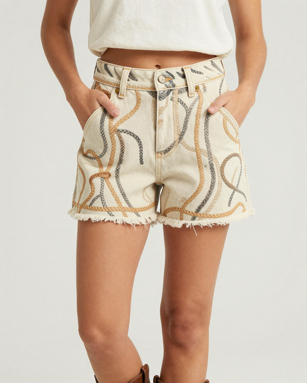 Rope Weave Denim Shorts – Front View – Jessie – Hemp Tan / Sisal / Cream