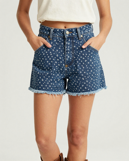 Micro Paisley Navy Denim Shorts – Front View – Riley – Navy / White