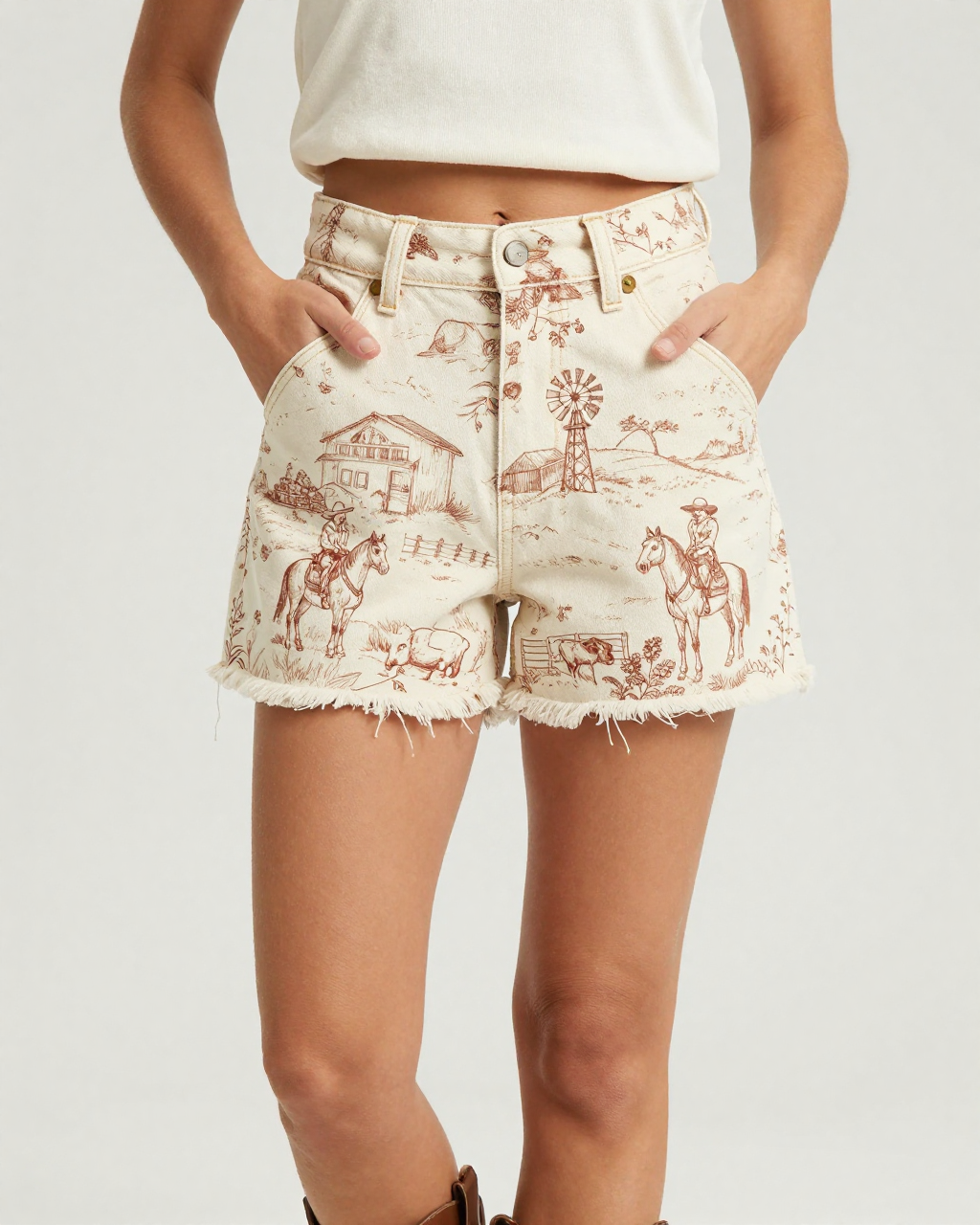 Ranch Life Toile Denim Shorts – Front View – Riley – Cream / Ivory