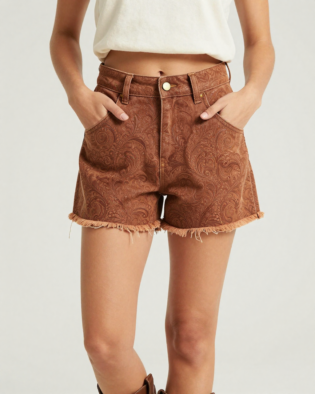 Tooled Leather Denim Shorts – Front View – Jessie – Saddle Brown / Dark Brown