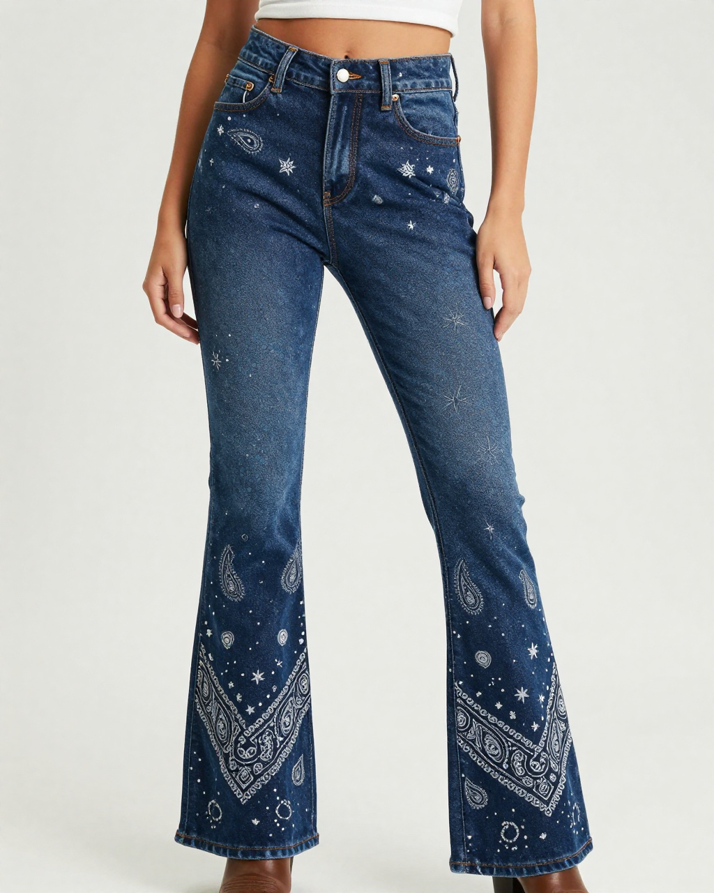 Star Dust Bandana Bootcut Jeans – Front View – Riley – Navy / White