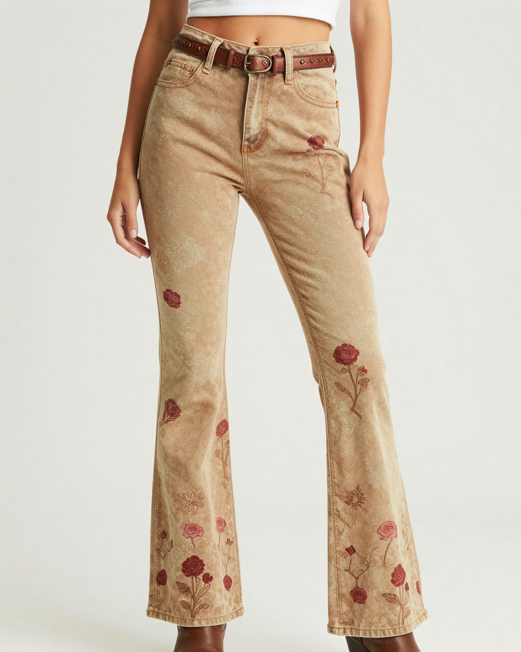 Bridle Rosette Bootcut Jeans – Front View – Riley – Tan / Brown