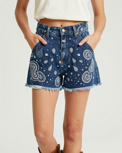 Midnight Navy Bandana Denim Shorts – Front View – Jessie – Navy / White