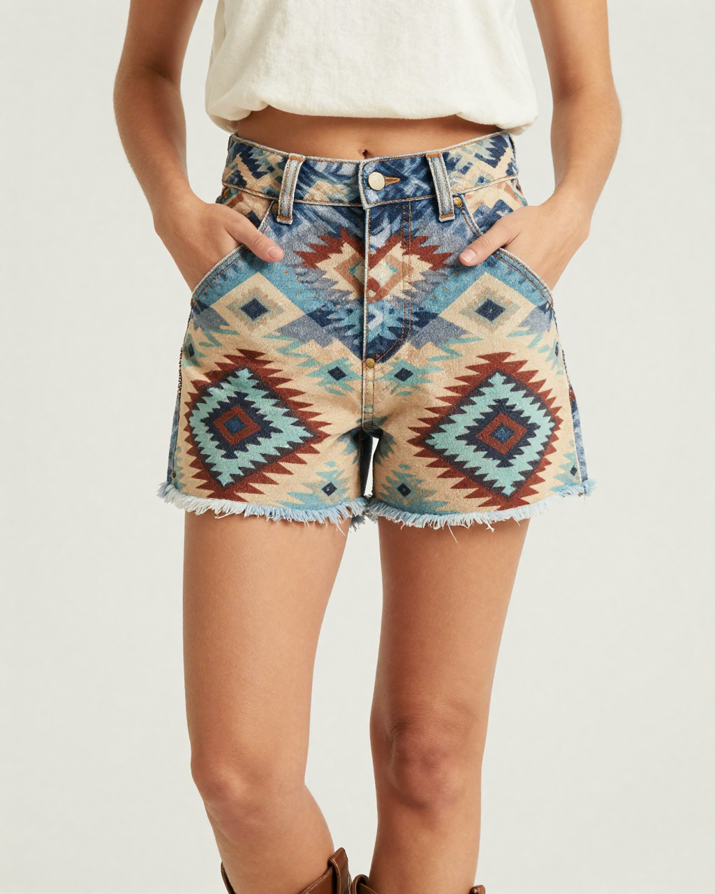 Desert Diamond Denim Shorts – Front View – Jessie – Rust / Turquoise / Sand