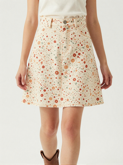 Honey Ditzy Denim Mini Skirt – Front View – Jessie – Honey / Cream