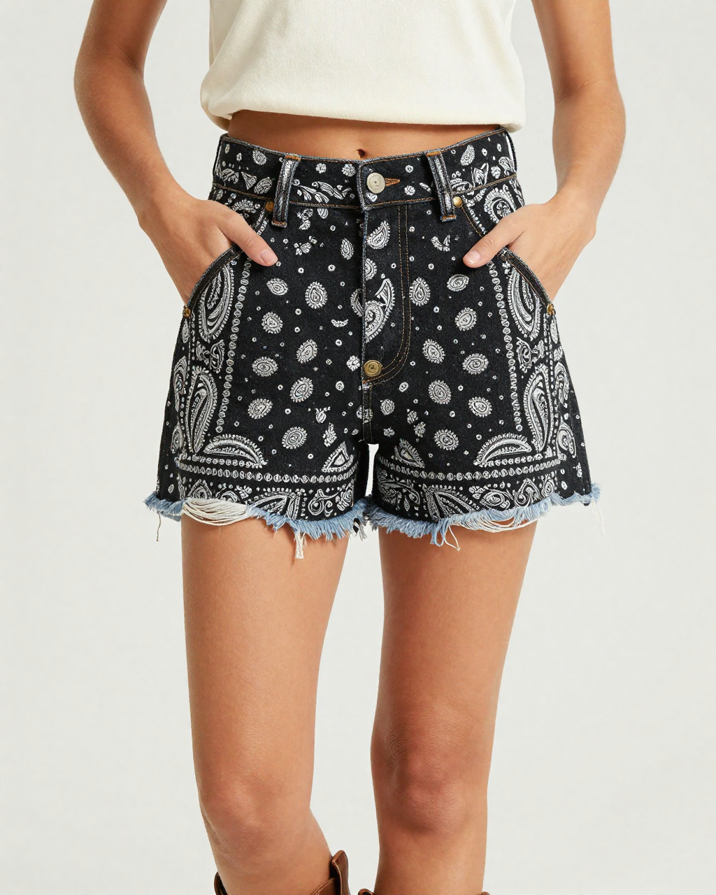 Black Bandana Denim Shorts – Front View – Riley – Black / Cream