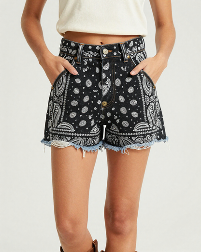 Black Bandana Denim Shorts – Front View – Riley – Black / Cream