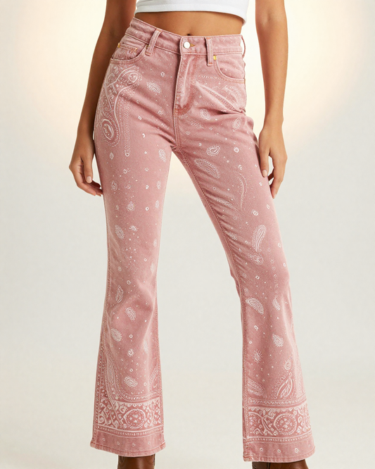 Dusty Pink Bandana Bootcut Jeans – Front View – Riley – Dusty Rose / White