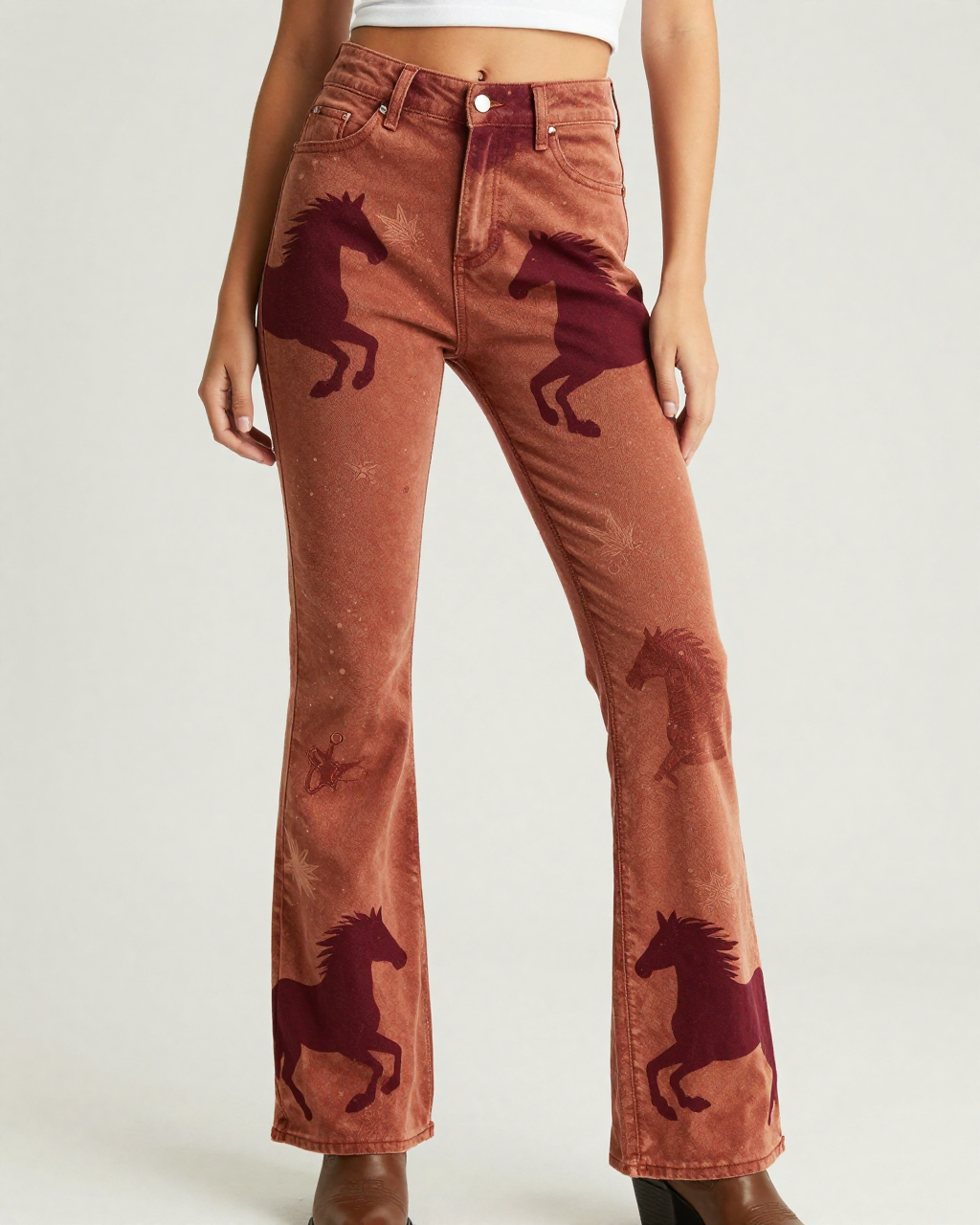 Sunset Stallion Bootcut Jeans – Front View – Riley – Rust / Cream