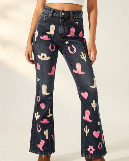 Rodeo Pink Bootcut Jeans – Front View – Riley – Pink / Coral / White