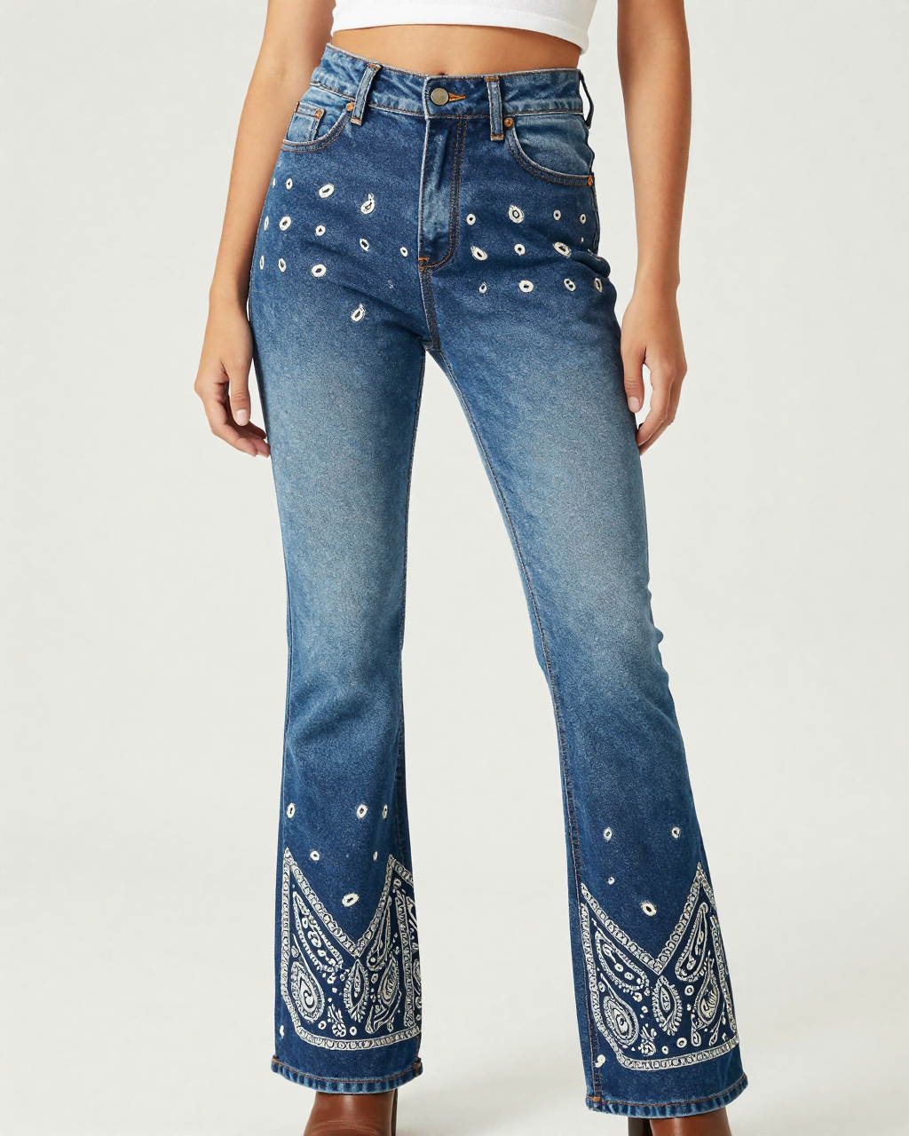 Paisley Fade Navy Bootcut Jeans – Front View – Riley – Navy / White