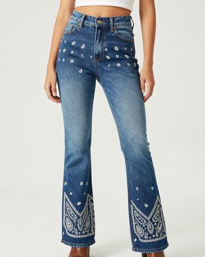 Paisley Fade Navy Bootcut Jeans – Front View – Riley – Navy / White