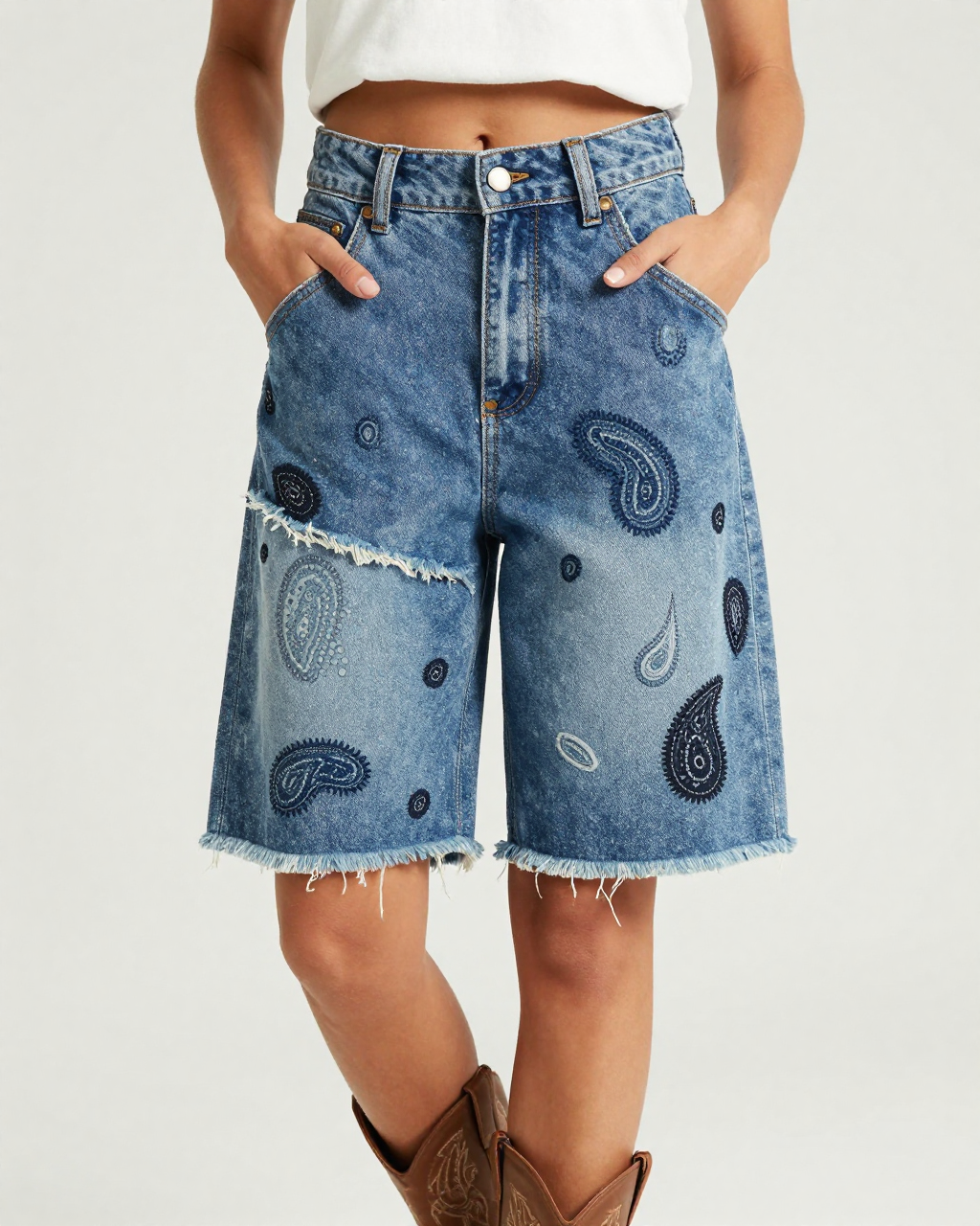 Patched Denim Paisley RB-BOT08 – Front View – Jessie – Denim Blue / Indigo