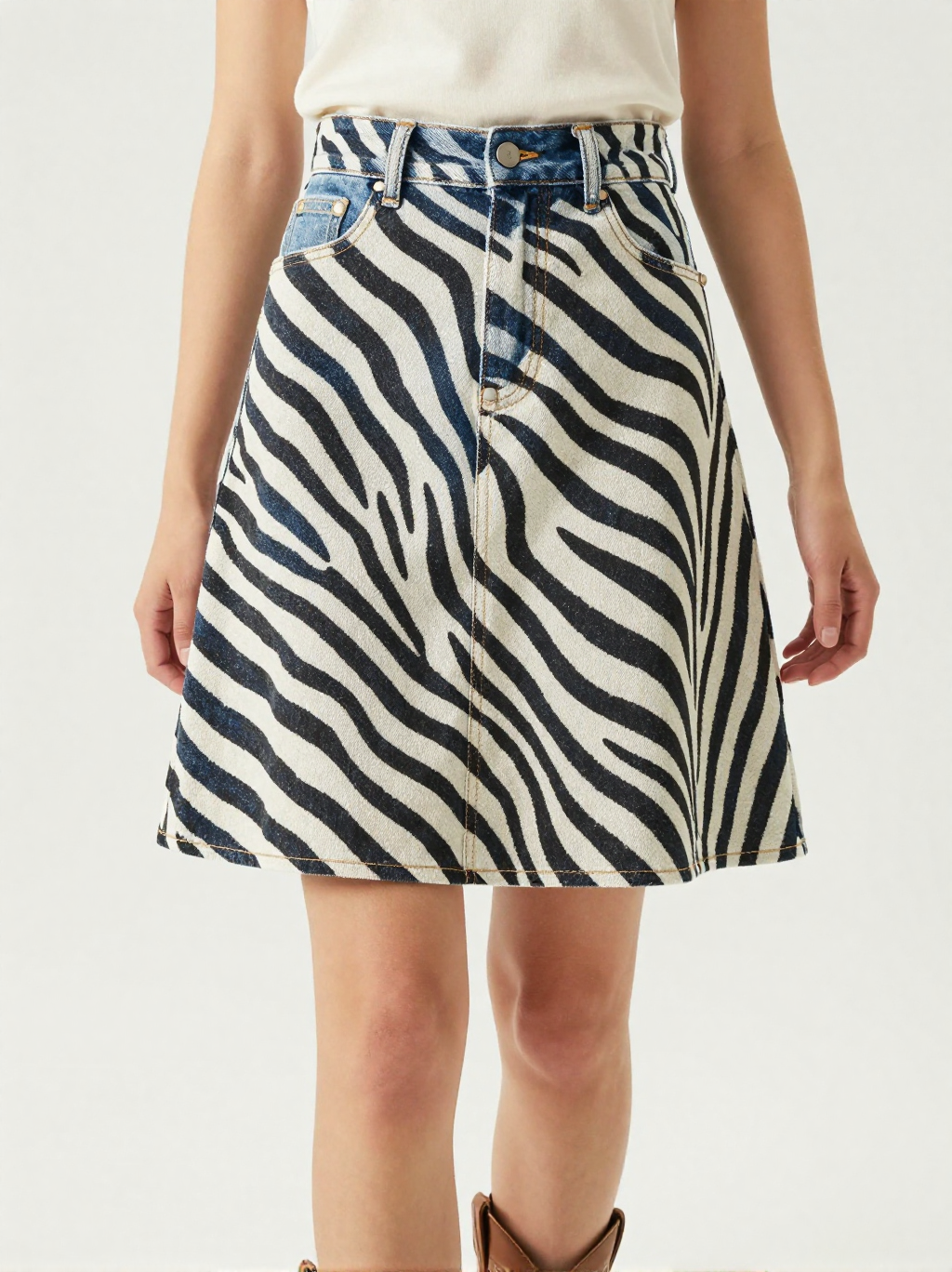Wild Stripe Denim Mini Skirt – Front View – Jessie – Black / Off-White