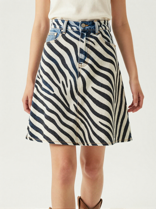 Wild Stripe Denim Mini Skirt – Front View – Jessie – Black / Off-White